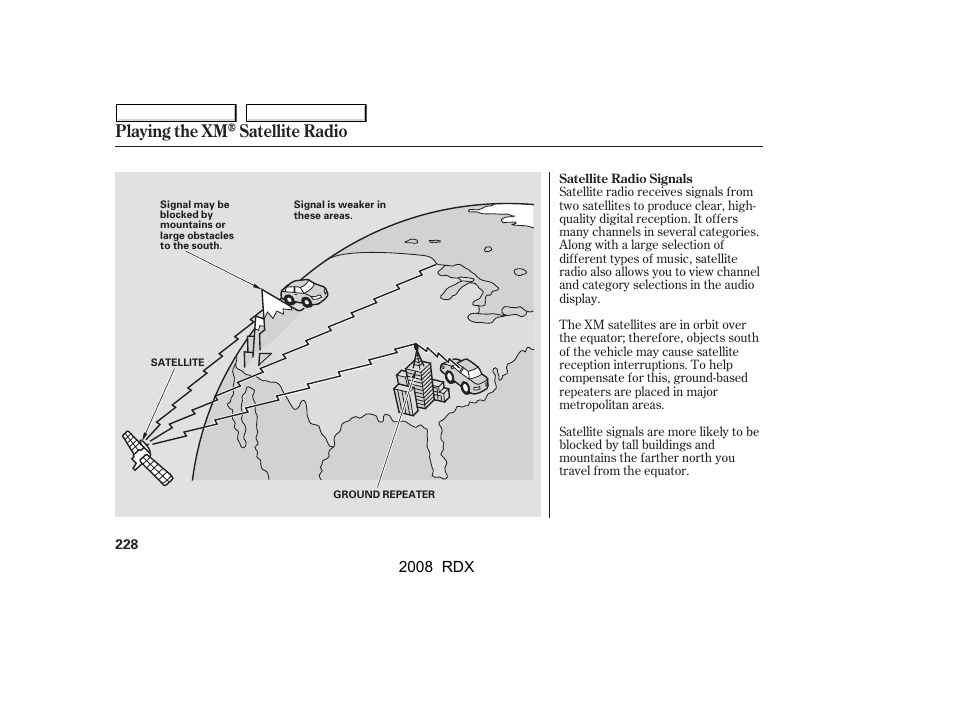 Playing the xm satellite radio | Acura 2008 RDX User Manual | Page 232 / 433