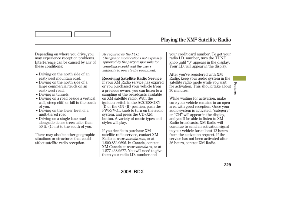 Playing the xm satellite radio | Acura 2008 RDX User Manual | Page 233 / 433