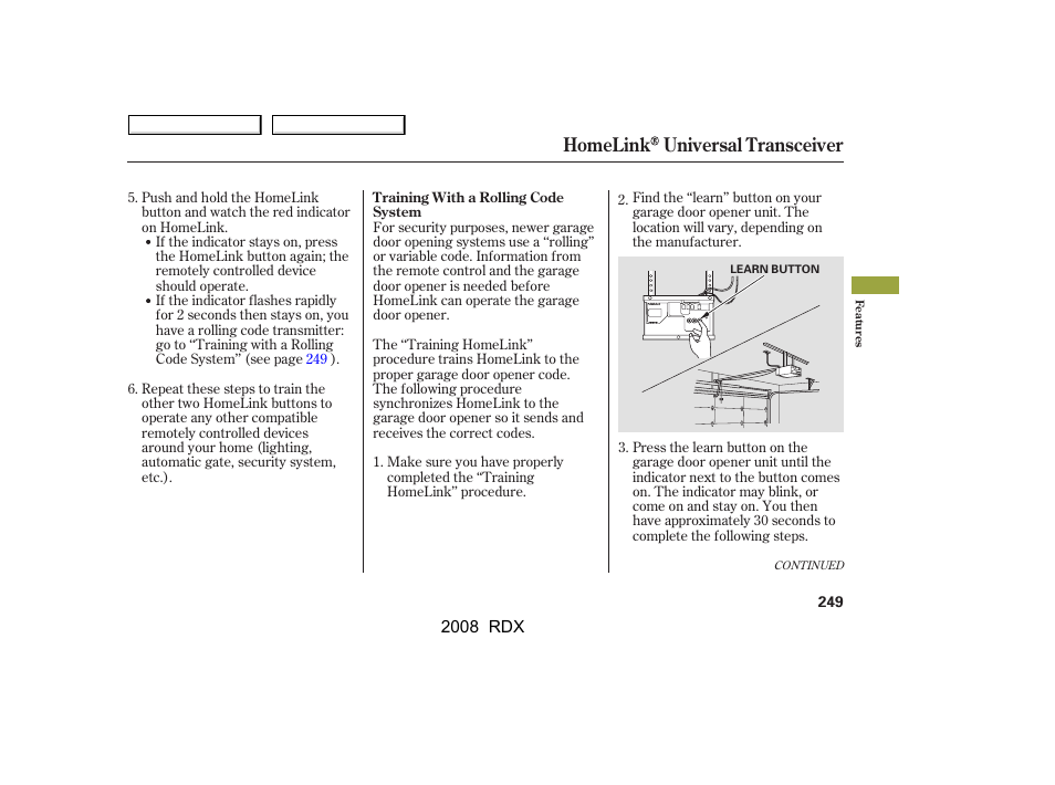 Homelink universal transceiver | Acura 2008 RDX User Manual | Page 253 / 433