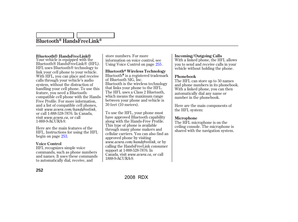 Bluetooth handsfreelink | Acura 2008 RDX User Manual | Page 256 / 433