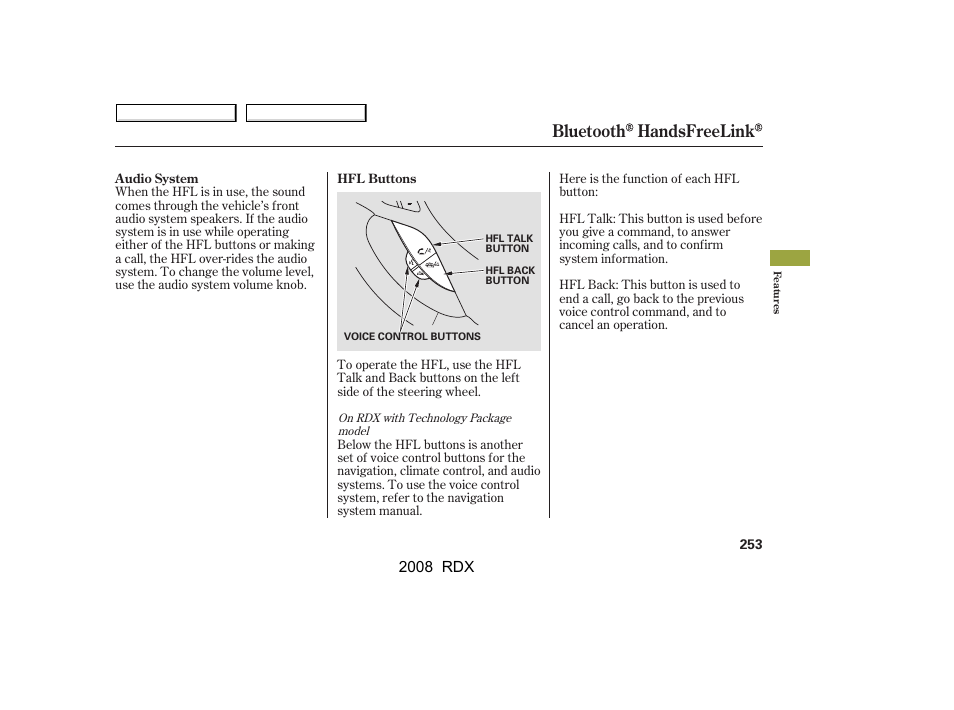 Bluetooth handsfreelink, 2008 rdx | Acura 2008 RDX User Manual | Page 257 / 433