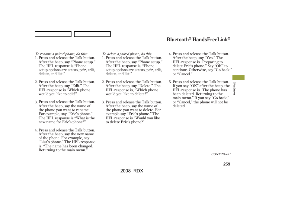 Bluetooth handsfreelink | Acura 2008 RDX User Manual | Page 263 / 433