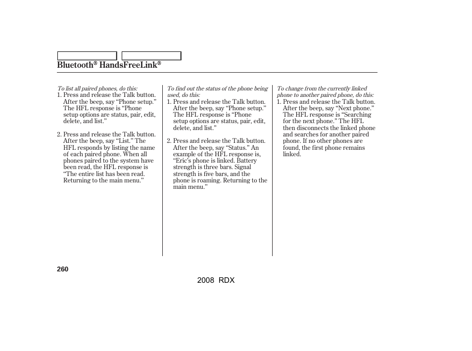 Bluetooth handsfreelink | Acura 2008 RDX User Manual | Page 264 / 433