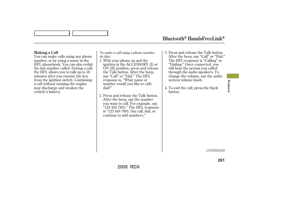 Bluetooth handsfreelink | Acura 2008 RDX User Manual | Page 265 / 433