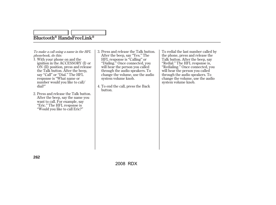 Bluetooth handsfreelink | Acura 2008 RDX User Manual | Page 266 / 433