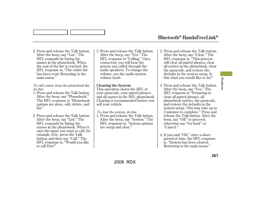 Bluetooth handsfreelink | Acura 2008 RDX User Manual | Page 271 / 433