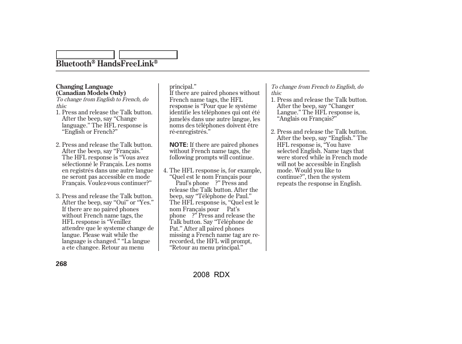 Bluetooth handsfreelink | Acura 2008 RDX User Manual | Page 272 / 433