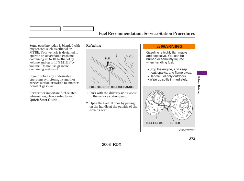 Fuel recommendation, service station procedures, 2008 rdx | Acura 2008 RDX User Manual | Page 277 / 433