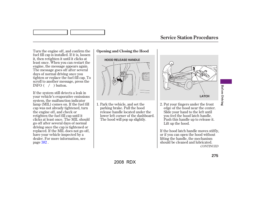 Service station procedures, 2008 rdx | Acura 2008 RDX User Manual | Page 279 / 433