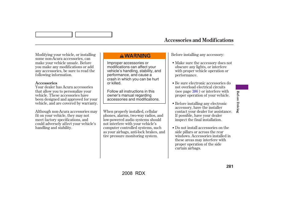 Accessories and modifications | Acura 2008 RDX User Manual | Page 285 / 433