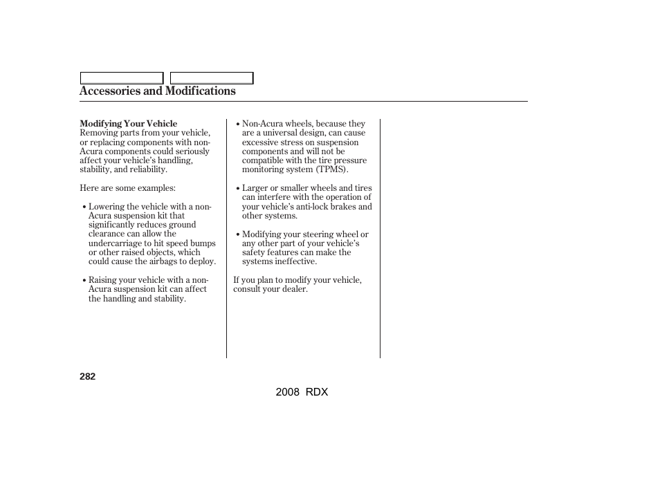 Accessories and modifications | Acura 2008 RDX User Manual | Page 286 / 433