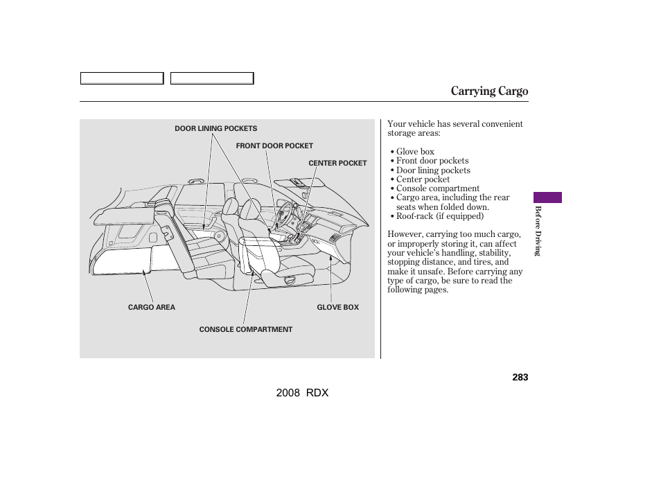 Carrying cargo, 2008 rdx | Acura 2008 RDX User Manual | Page 287 / 433