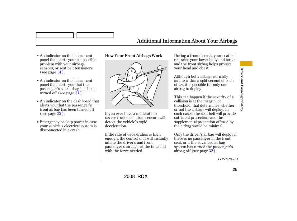 Additional information about your airbags | Acura 2008 RDX User Manual | Page 29 / 433