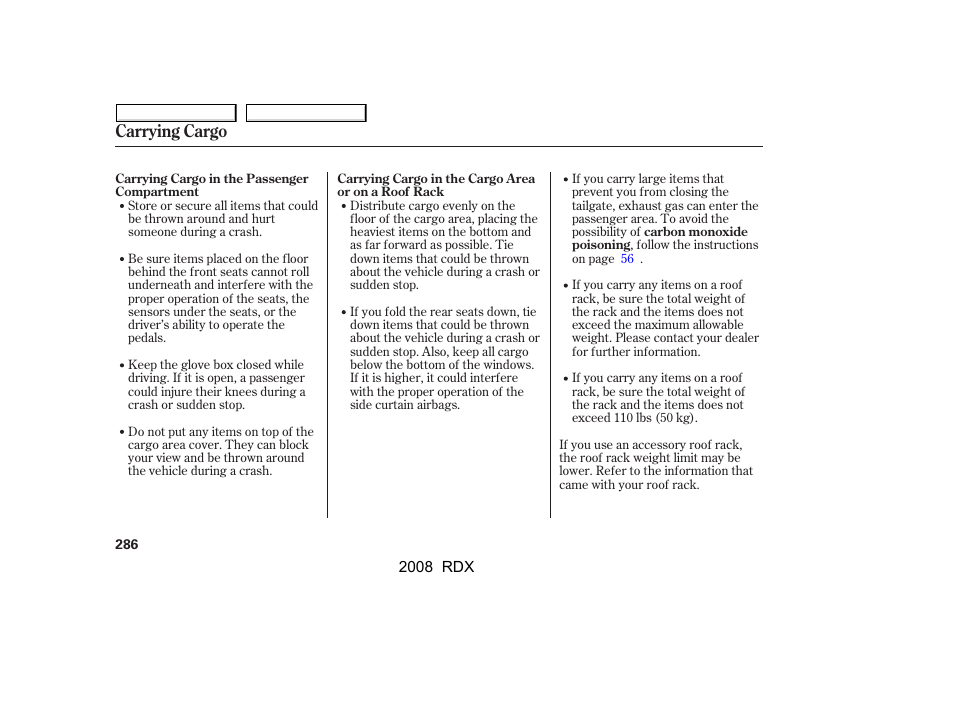 Carrying cargo | Acura 2008 RDX User Manual | Page 290 / 433