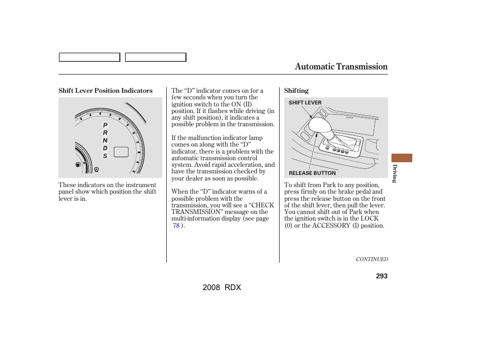 Automatic transmission | Acura 2008 RDX User Manual | Page 297 / 433