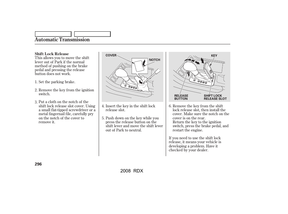 Automatic transmission | Acura 2008 RDX User Manual | Page 300 / 433