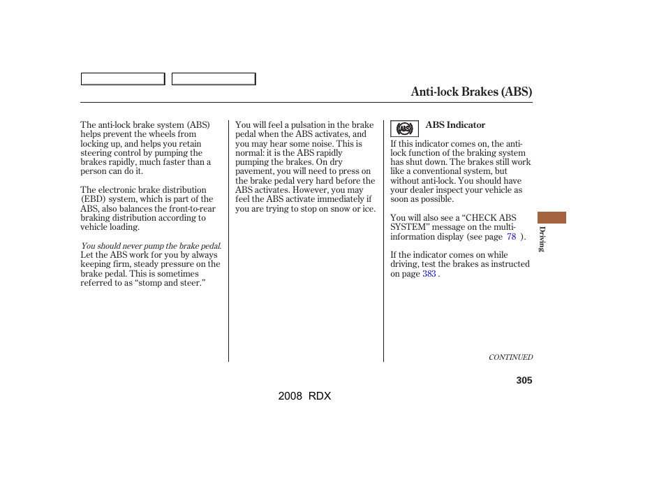 Anti-lock brakes (abs) | Acura 2008 RDX User Manual | Page 309 / 433