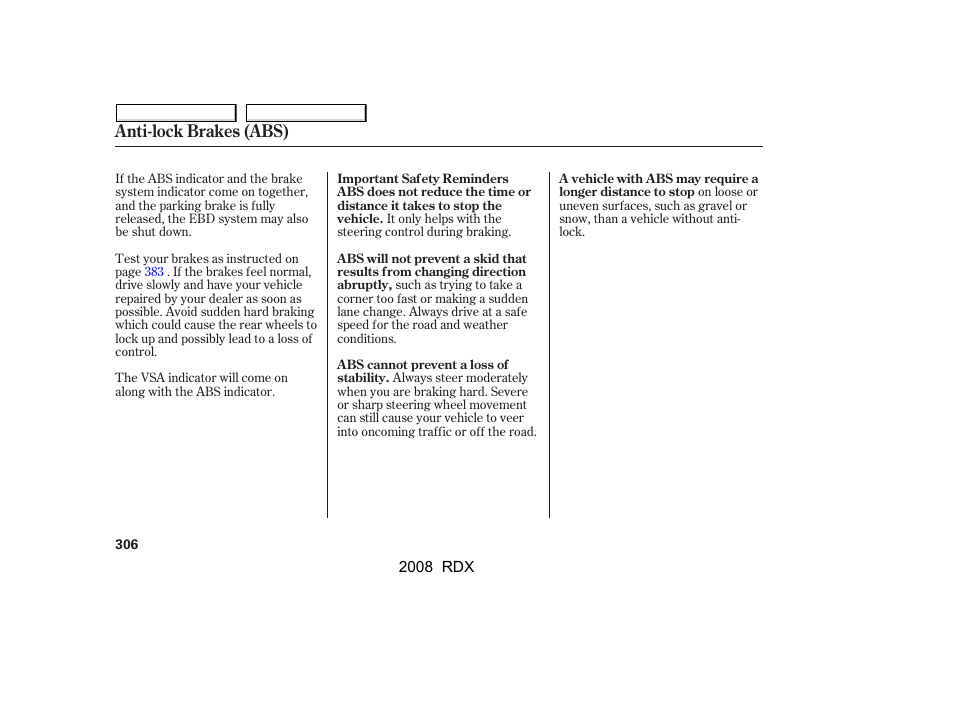 Anti-lock brakes (abs) | Acura 2008 RDX User Manual | Page 310 / 433