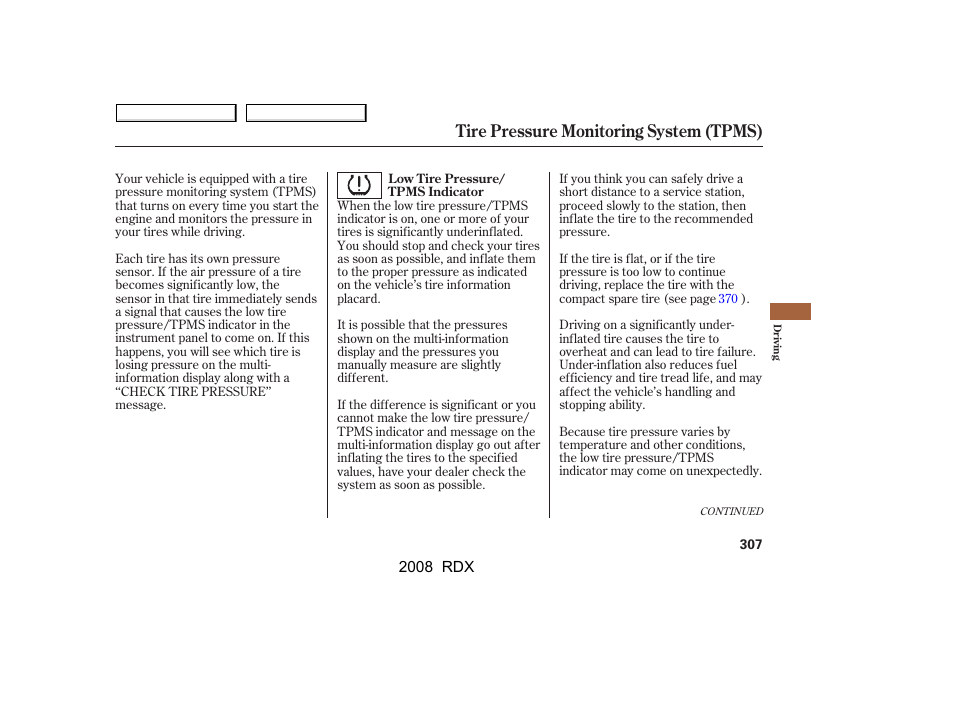 Tire pressure monitoring system (tpms) | Acura 2008 RDX User Manual | Page 311 / 433