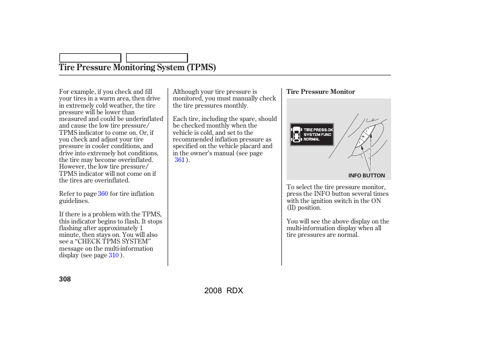 Tire pressure monitoring system (tpms) | Acura 2008 RDX User Manual | Page 312 / 433