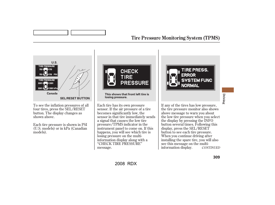 Tire pressure monitoring system (tpms), 2008 rdx | Acura 2008 RDX User Manual | Page 313 / 433