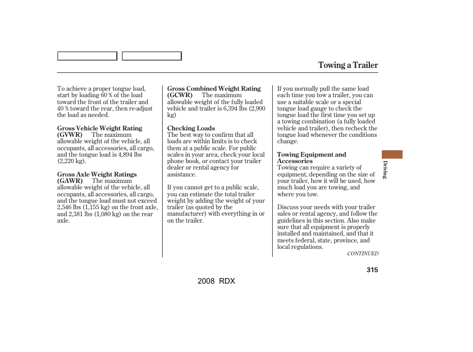 Towing a trailer | Acura 2008 RDX User Manual | Page 319 / 433