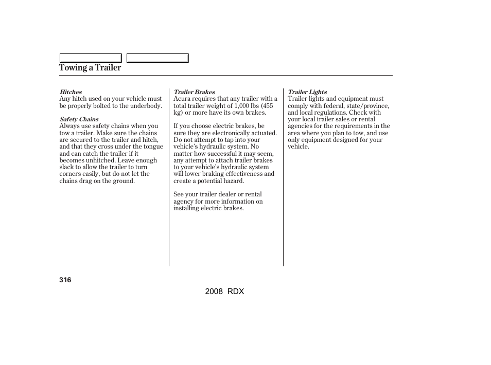 Towing a trailer | Acura 2008 RDX User Manual | Page 320 / 433