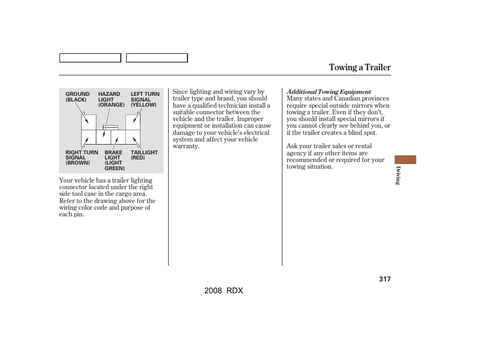 Towing a trailer, 2008 rdx | Acura 2008 RDX User Manual | Page 321 / 433