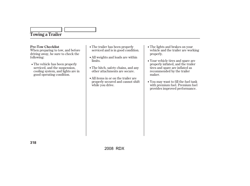 Towing a trailer | Acura 2008 RDX User Manual | Page 322 / 433