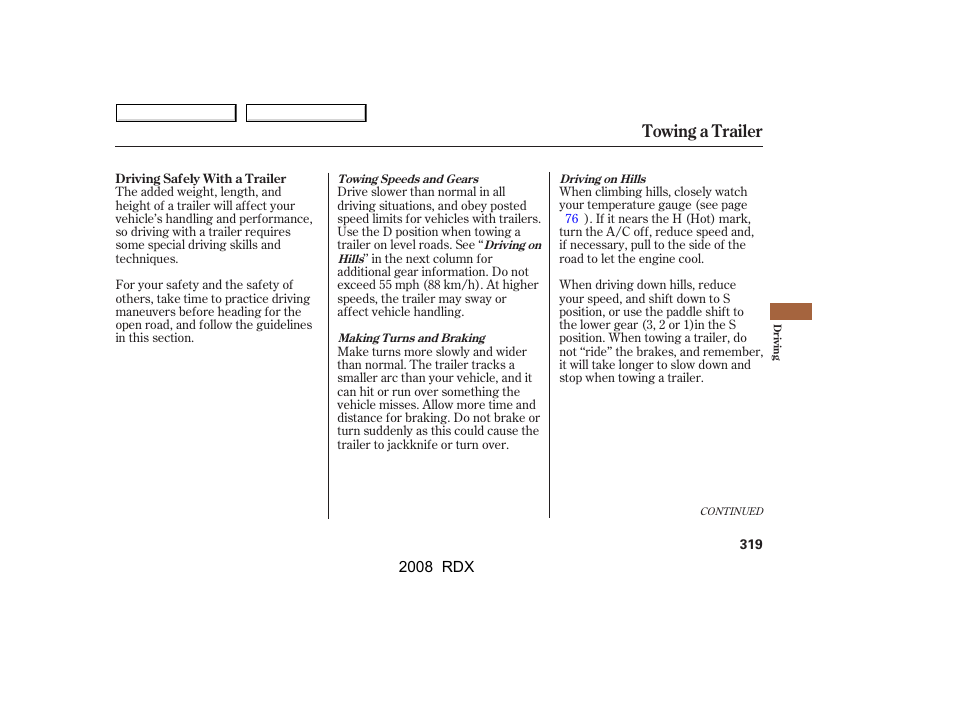 Towing a trailer | Acura 2008 RDX User Manual | Page 323 / 433
