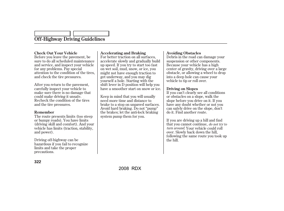 Off-highway driving guidelines | Acura 2008 RDX User Manual | Page 326 / 433