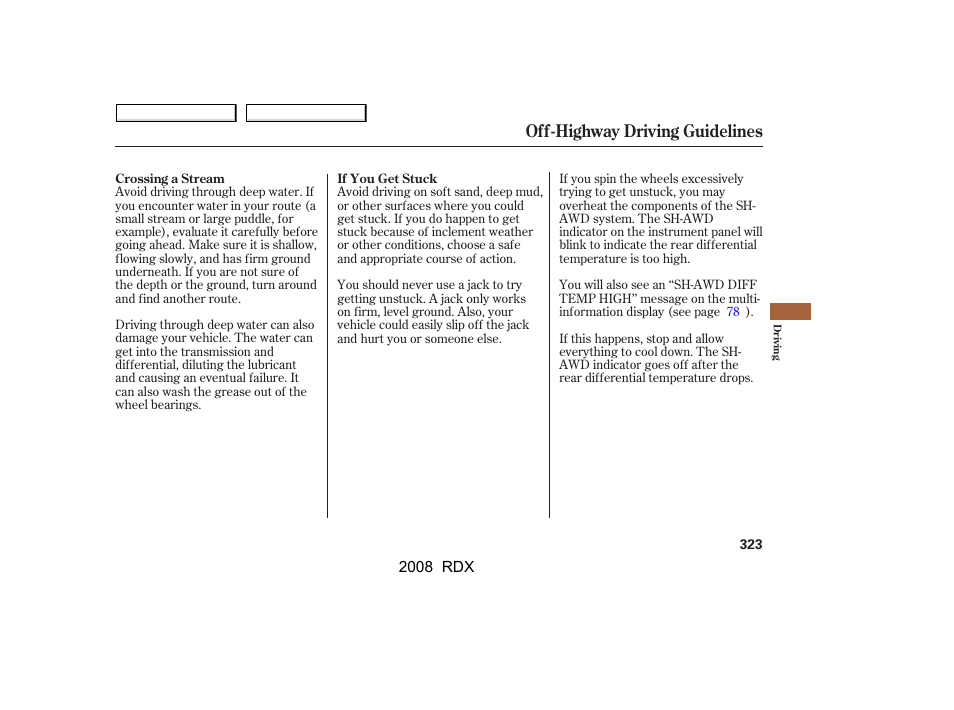 Off-highway driving guidelines | Acura 2008 RDX User Manual | Page 327 / 433