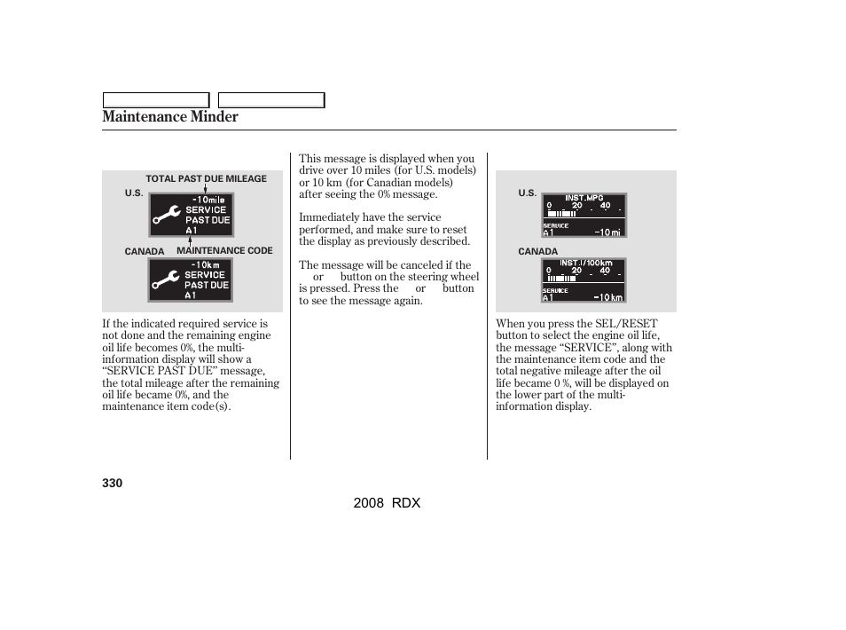 Maintenance minder | Acura 2008 RDX User Manual | Page 334 / 433