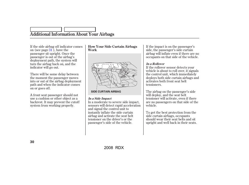 Additional information about your airbags | Acura 2008 RDX User Manual | Page 34 / 433