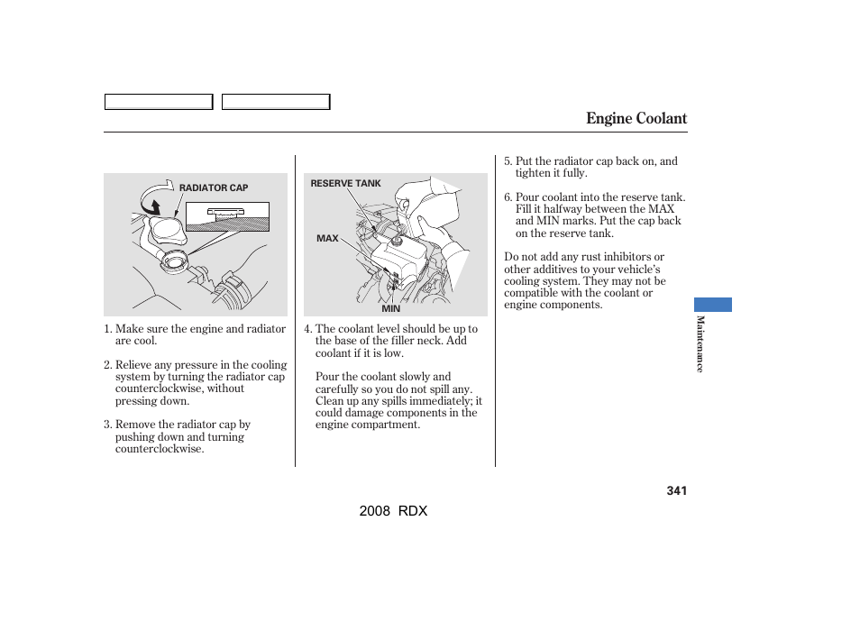 Engine coolant | Acura 2008 RDX User Manual | Page 345 / 433