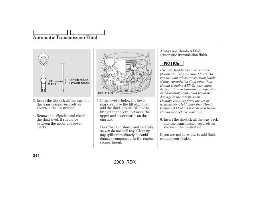 Automatic transmission fluid | Acura 2008 RDX User Manual | Page 348 / 433