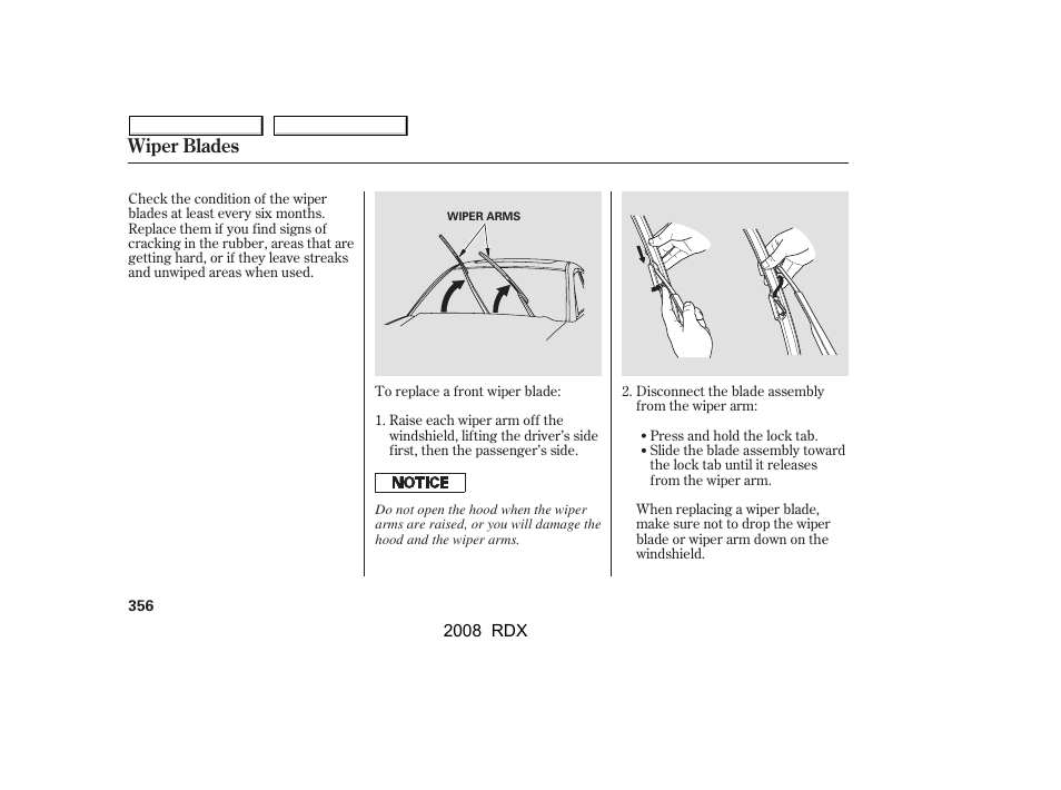 Wiper blades | Acura 2008 RDX User Manual | Page 360 / 433