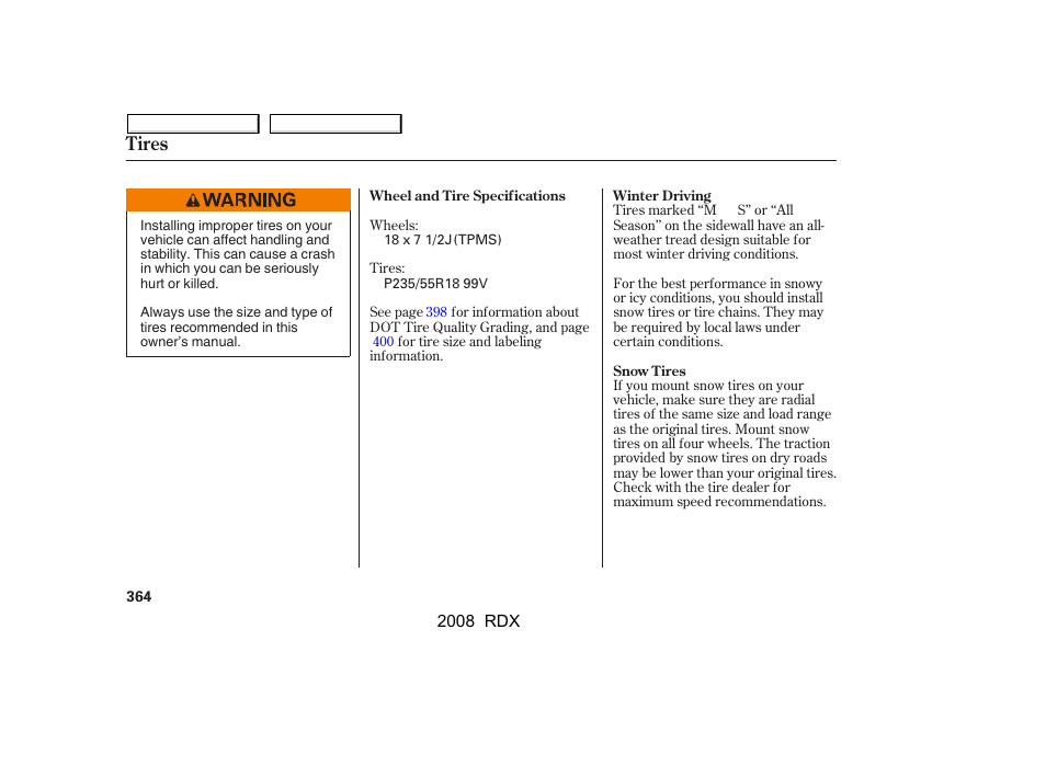 Tires | Acura 2008 RDX User Manual | Page 368 / 433