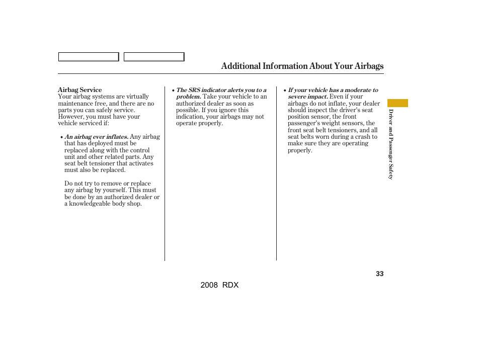 Additional information about your airbags, 2008 rdx | Acura 2008 RDX User Manual | Page 37 / 433