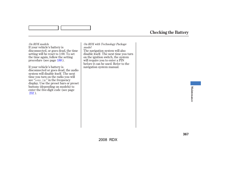 Checking the battery | Acura 2008 RDX User Manual | Page 371 / 433