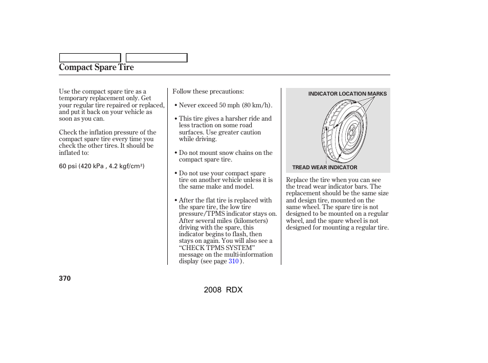 Compact spare tire | Acura 2008 RDX User Manual | Page 374 / 433