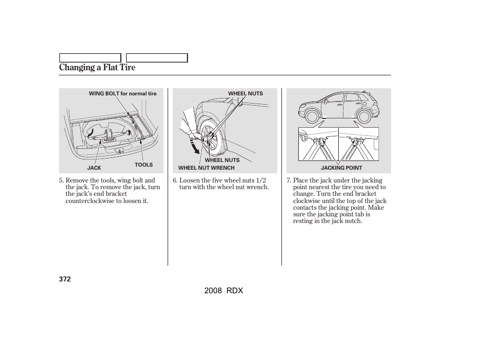 Changing a flat tire, 2008 rdx | Acura 2008 RDX User Manual | Page 376 / 433