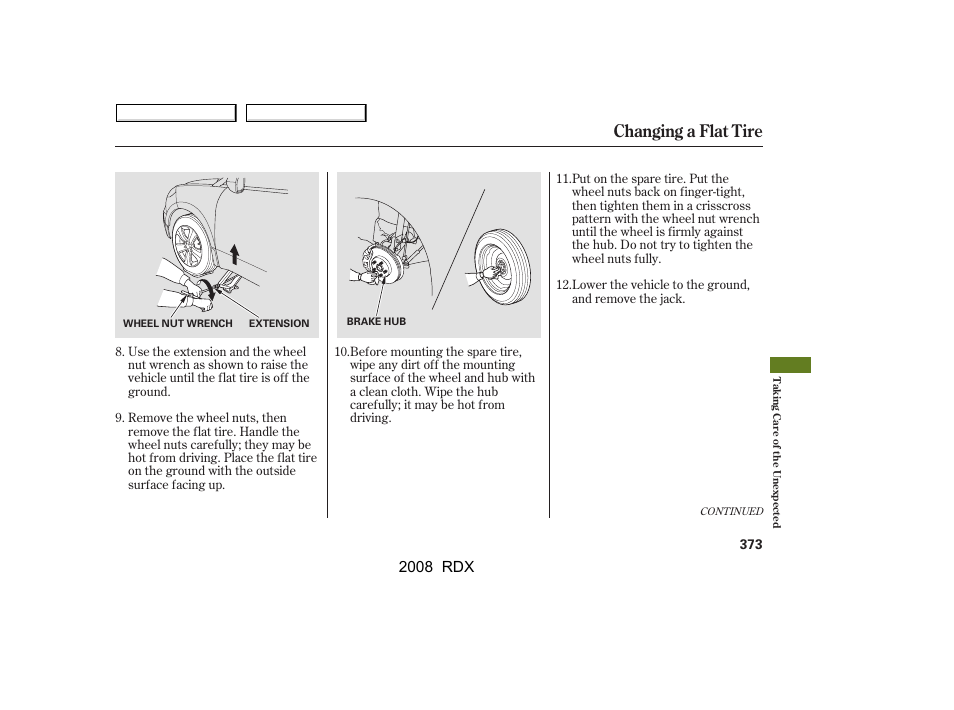 Changing a flat tire, 2008 rdx | Acura 2008 RDX User Manual | Page 377 / 433