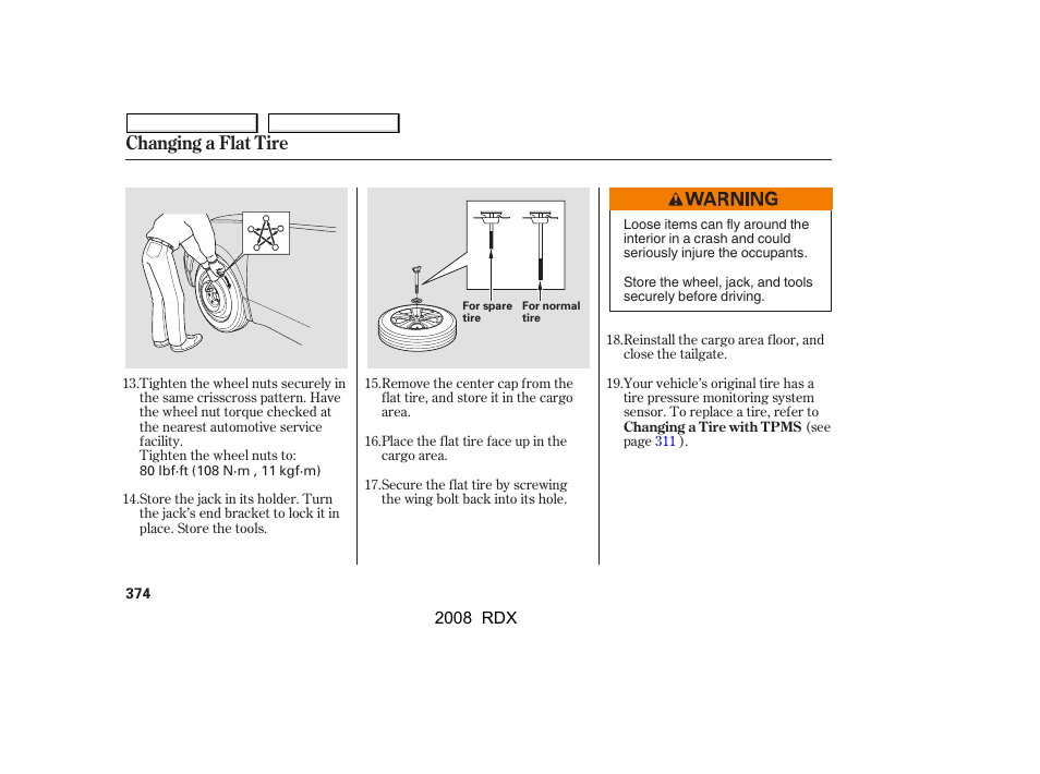 Changing a flat tire | Acura 2008 RDX User Manual | Page 378 / 433