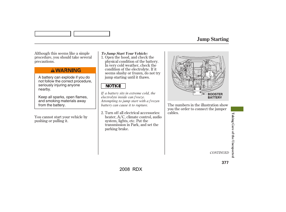 Jump starting, 2008 rdx | Acura 2008 RDX User Manual | Page 381 / 433