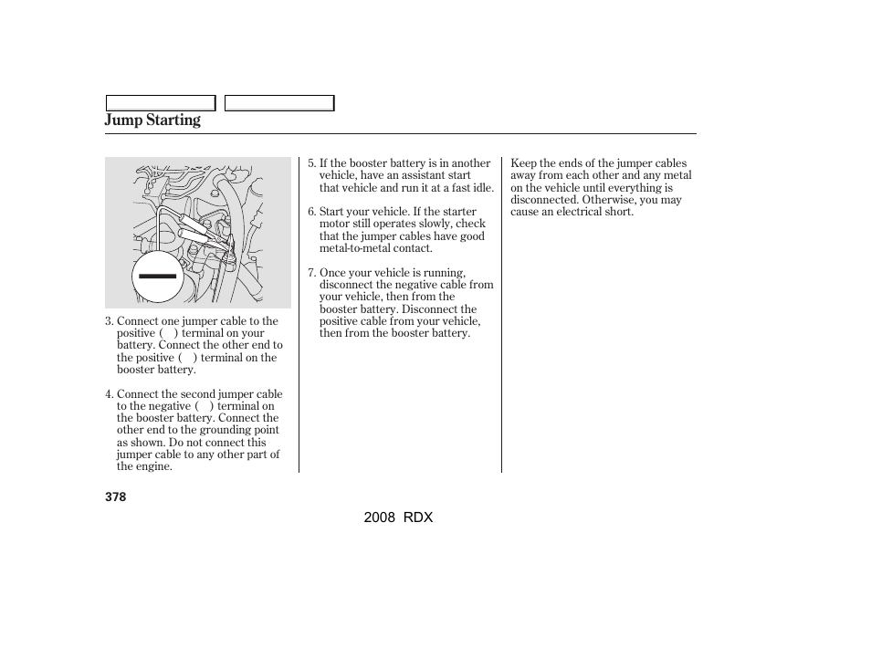 Jump starting | Acura 2008 RDX User Manual | Page 382 / 433