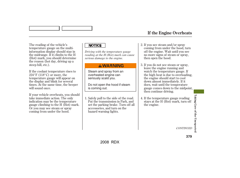 If the engine overheats, 2008 rdx | Acura 2008 RDX User Manual | Page 383 / 433