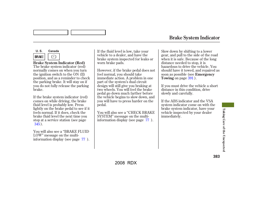 Brake system indicator, 2008 rdx | Acura 2008 RDX User Manual | Page 387 / 433