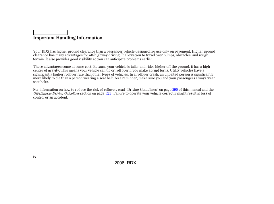 Important handling information | Acura 2008 RDX User Manual | Page 4 / 433