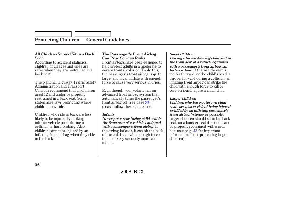 Protecting children general guidelines | Acura 2008 RDX User Manual | Page 40 / 433
